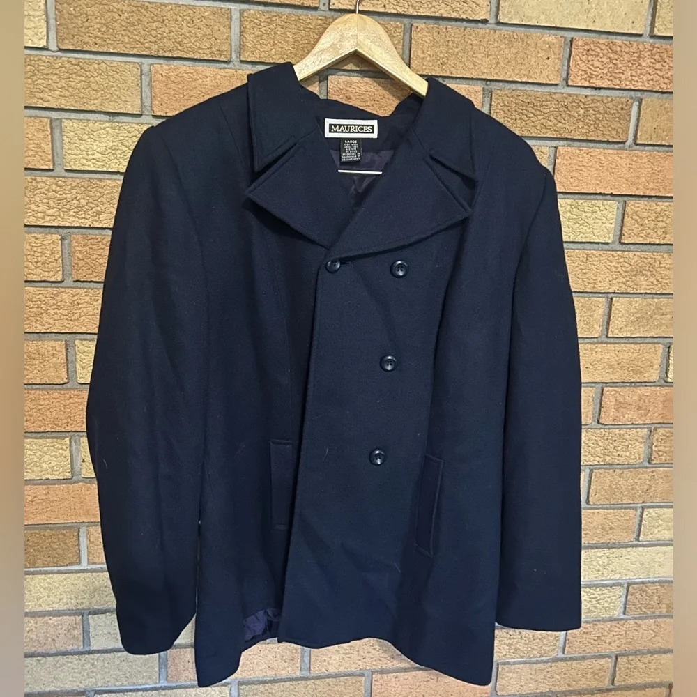 Vintage 90s 100% Wool Maurice’s Navy Blue Pea Coat Button Jacket Size Large
